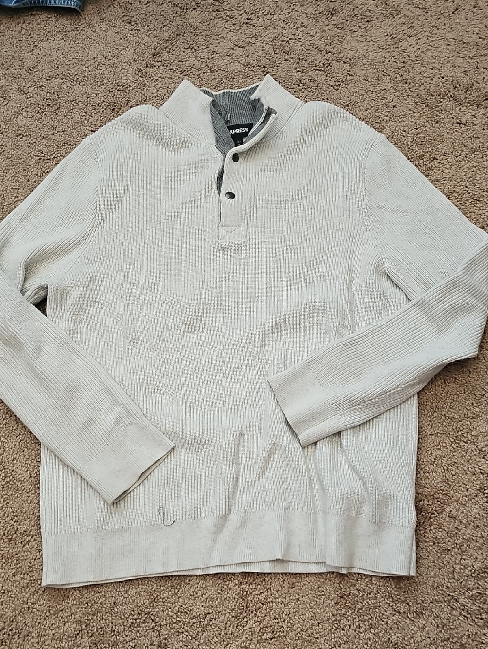 Express Men’s Gray Ribbed Zip-Style Sweater with Dark Gray Trim
